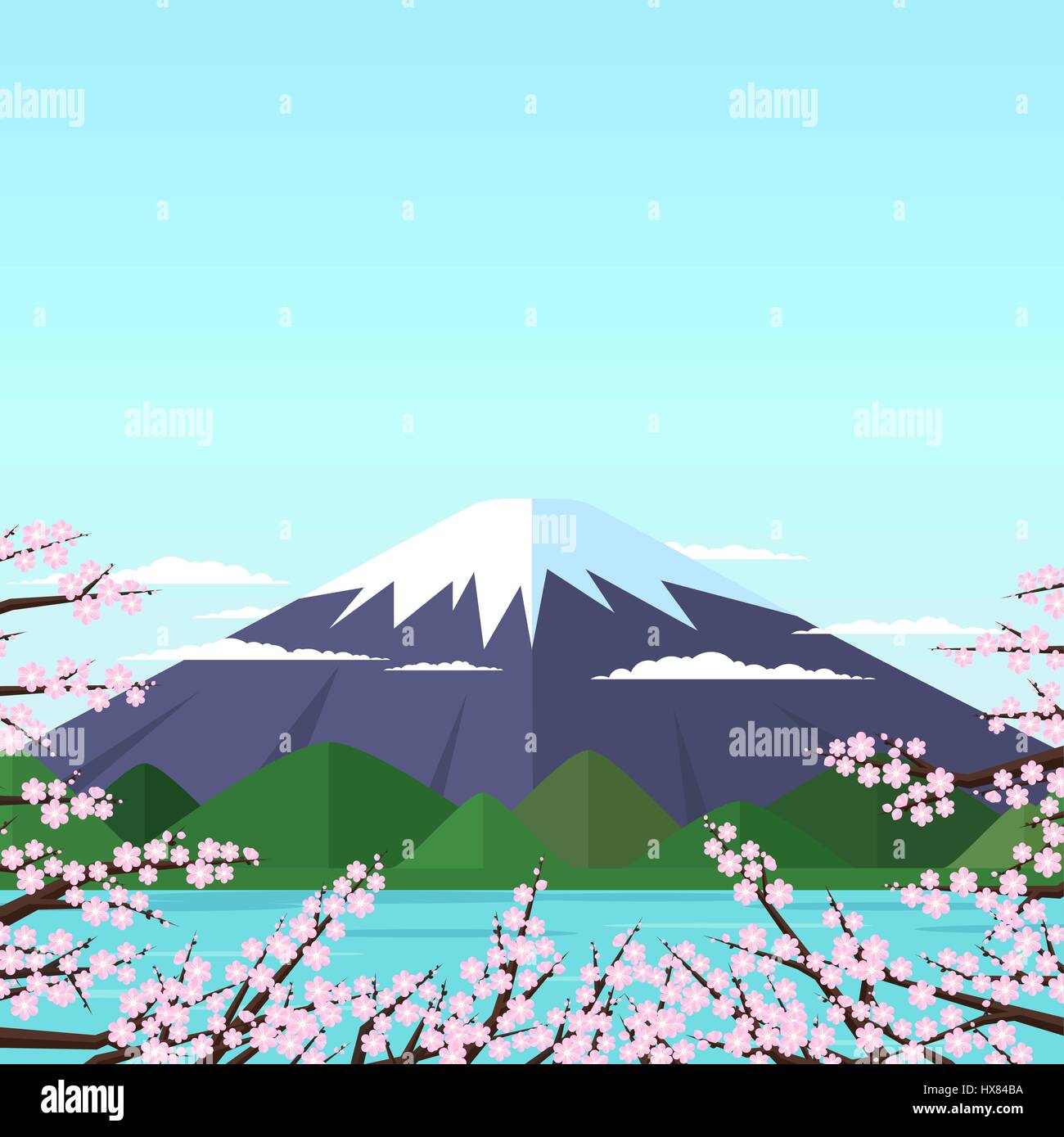 Berg am See, umgeben von blühenden Zweigen mit rosa Blumen auf blauem Hintergrund in einem flachen Stil. Sakura. Fuji. Vektor-illustration Stock Vektor