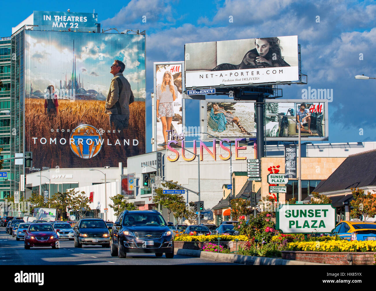 Riesenposter über Sunset Boulevard Stockfoto