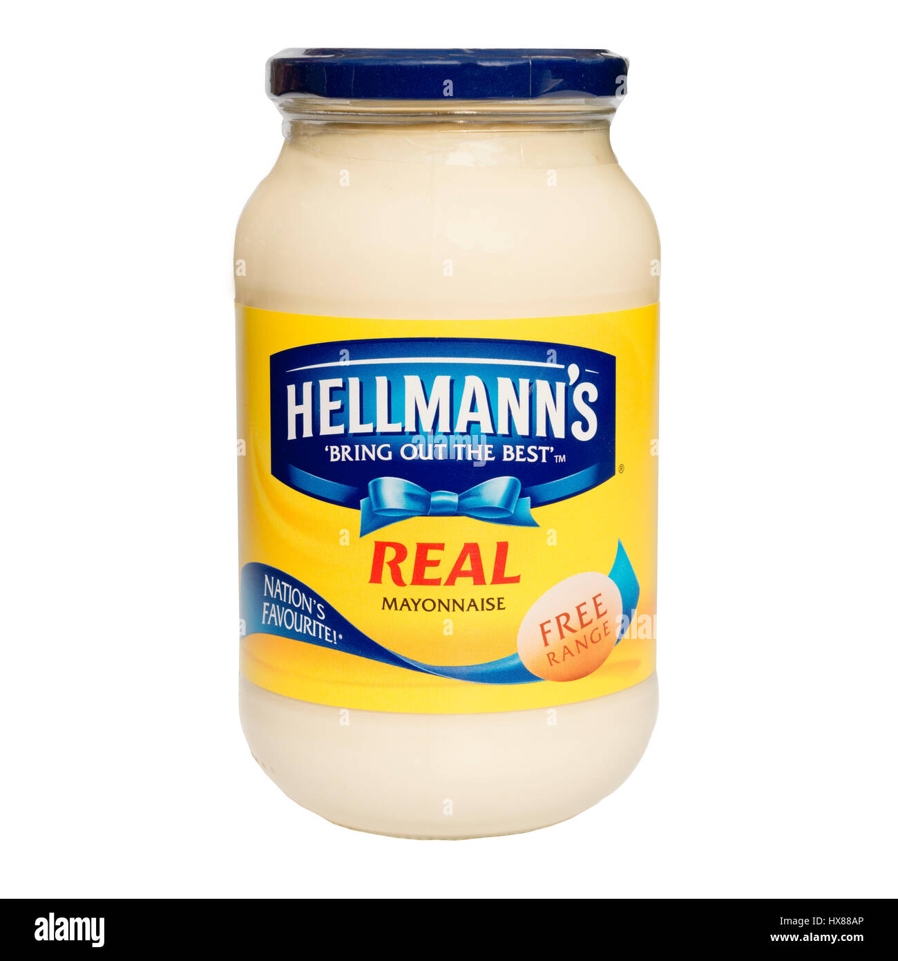 Hellmanns Mayonnaise-Glas ausschneiden oder isoliert auf einem weißen Hintergrund. Stockfoto