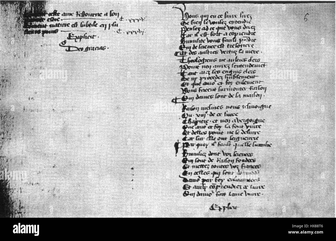 Margarete Porete war eine mittelalterliche Mystikerin und Autorin, die vor allem für ihr Werk The Mirror of Simple Souls bekannt war. Diese Manuskriptseite aus ihrem Werk spiegelt ihre spirituelle Philosophie der Einheit mit Gott wider und stellt die religiösen Normen ihrer Zeit in Frage. Stockfoto