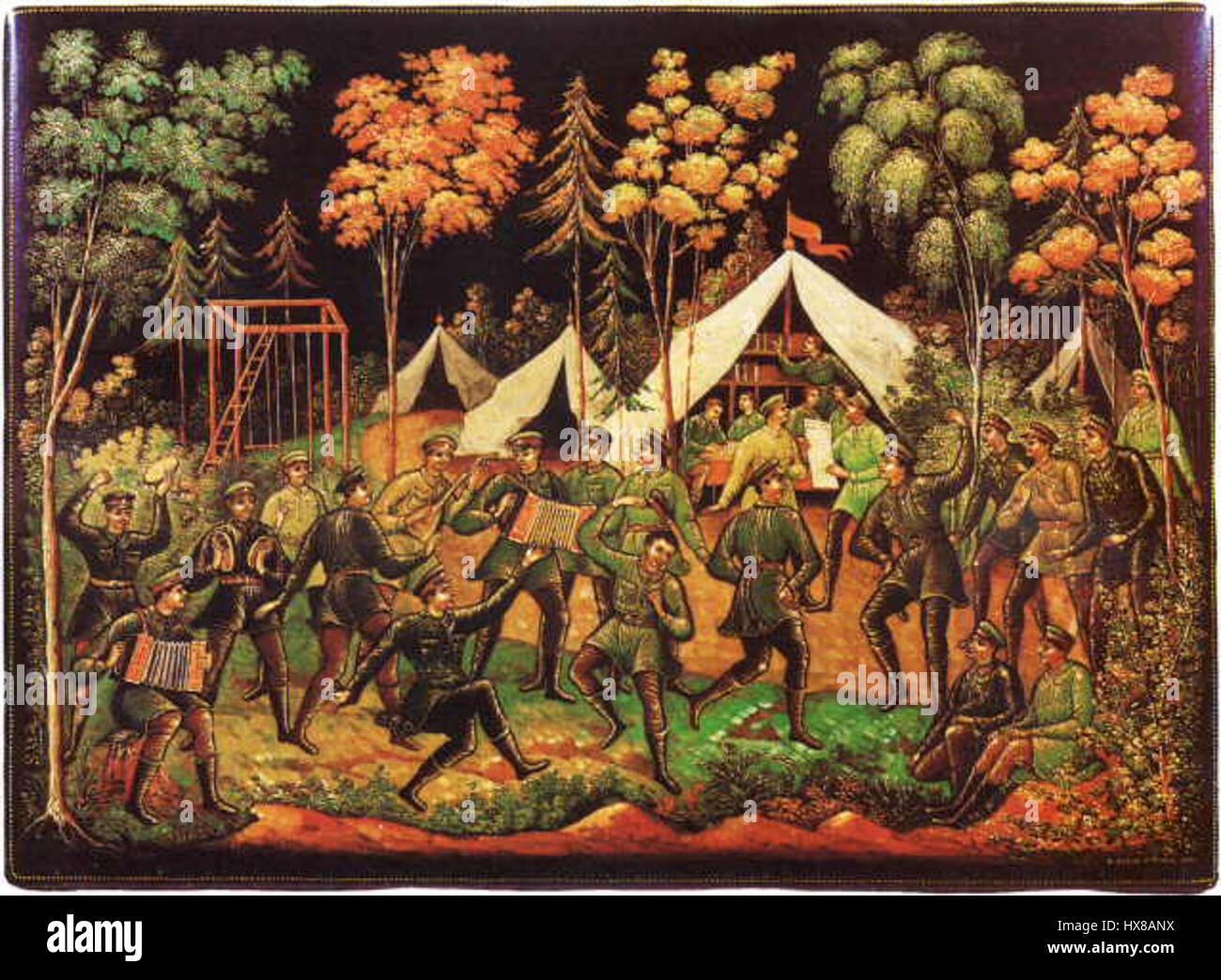 „Palekh Rote Armee“ ist ein russisches Kunstwerk, das Szenen aus der Russischen Revolution oder der Rolle der Roten Armee in der sowjetischen Geschichte darstellt. Palekh ist bekannt für seine detaillierten Lackminiaturen, und dieses Stück würde den sowjetischen Einfluss auf die Kunst im 20. Jahrhundert widerspiegeln. Stockfoto