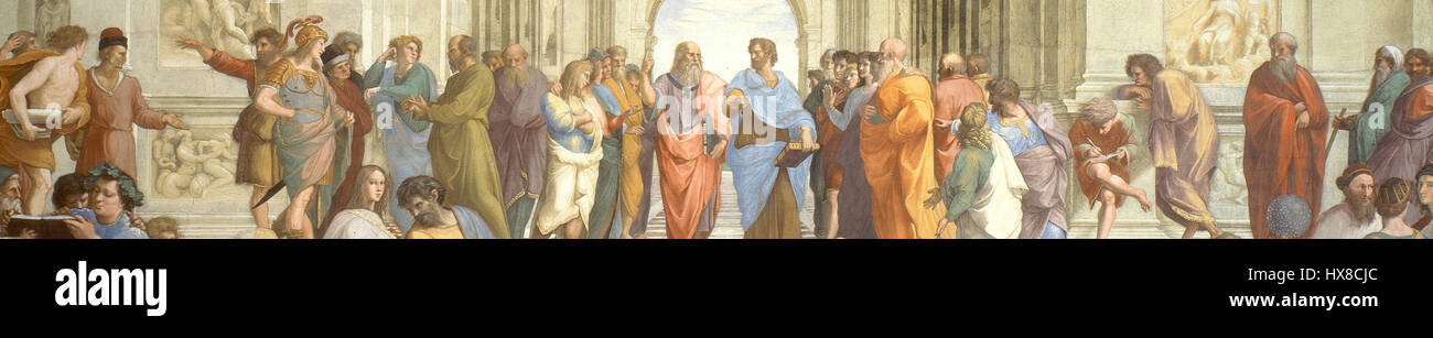 Die „Schule von Athen“ von Raphael ist eine der berühmtesten Fresken der Renaissance. Diese zugeschnittene Ansicht hebt die Darstellung der antiken Philosophen und Gelehrten im intellektuellen Diskurs hervor und erfasst das Wesen des klassischen Denkens. Stockfoto