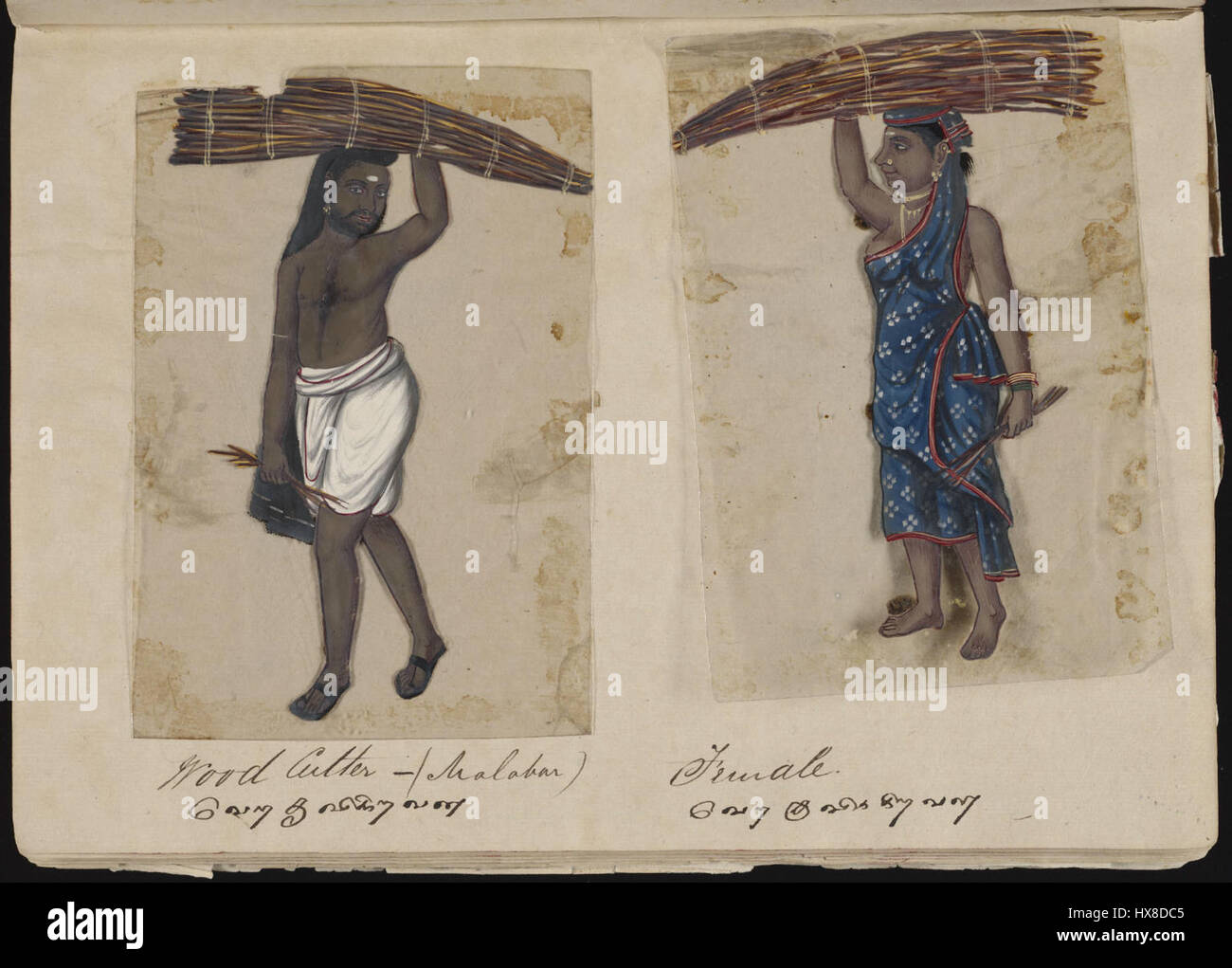 *72 Exemplare von Castes in India* (ca. 1850) ist ein bedeutendes anthropologisches Werk, das das vielfältige Kastensystem in Indien veranschaulicht. Die Illustrationen zeigen unterschiedliche physische Merkmale und kulturelle Kleidung verschiedener indischer Gemeinschaften. Stockfoto