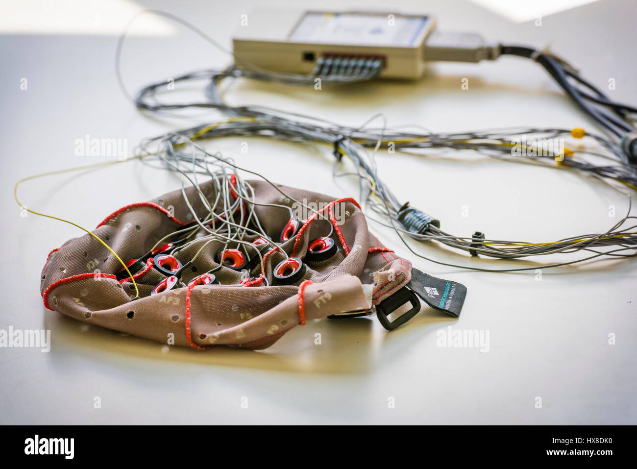 Kabelgebundene Elektroden auf ein Brain-Computer Interface (BCI) Haube, die verwendet wird, um die Aktivität des Gehirns in Signale zu übersetzen, die einen Computer in einem Labor der Neurowissenschaften Steuern Stockfoto