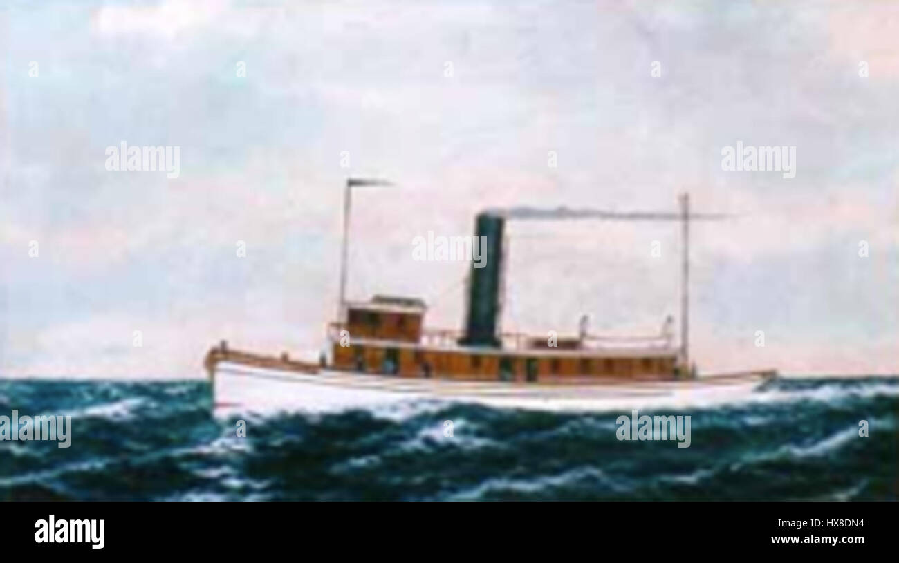 William Pierce Stubbs’ Gemälde des „Steamer Nathl P Doane“ fängt ein amerikanisches Dampfschiff aus dem 19. Jahrhundert ein und zeigt das Design des Schiffes und die Bedeutung dampfbetriebener Schiffe für den Seeverkehr und -Handel während dieser Zeit. Stockfoto