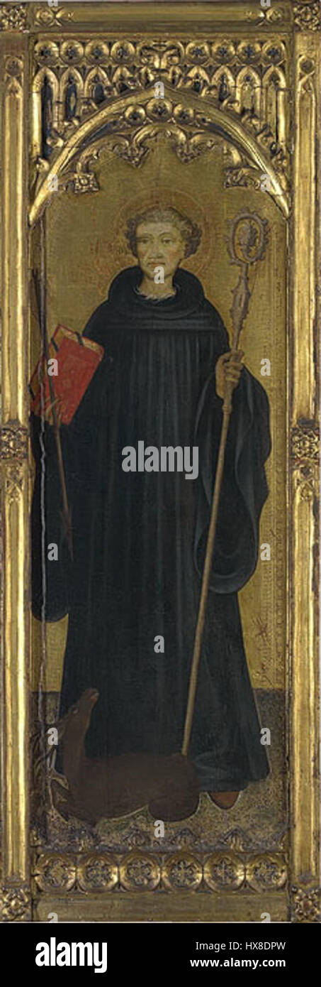 Saint Giles, ein christlicher Einsiedler aus dem 7. Jahrhundert und Schutzpatron der Behinderten, wird in der Kunst oft als bescheidene Figur mit einem Hirsch dargestellt, was seine Verbindung zur Natur und zu Heilkräften symbolisiert. Seine Ikonographie unterstreicht sein Mitgefühl und seine Hingabe an die Schwachen. Stockfoto