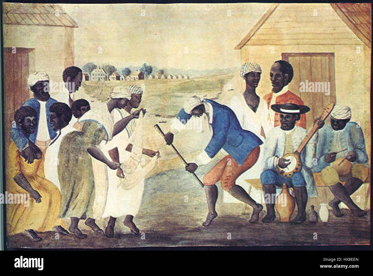 Die Old Plantation Banjo Drum bezieht sich auf traditionelle Musikinstrumente aus dem amerikanischen Süden, die oft mit dem afroamerikanischen Kulturerbe in Verbindung gebracht werden. Banjo und Schlagzeug waren integrale Bestandteile der frühen Folk- und Bluesmusik und repräsentierten die Verschmelzung afrikanischer und europäischer Musiktraditionen in der Plantagenzeit. Stockfoto