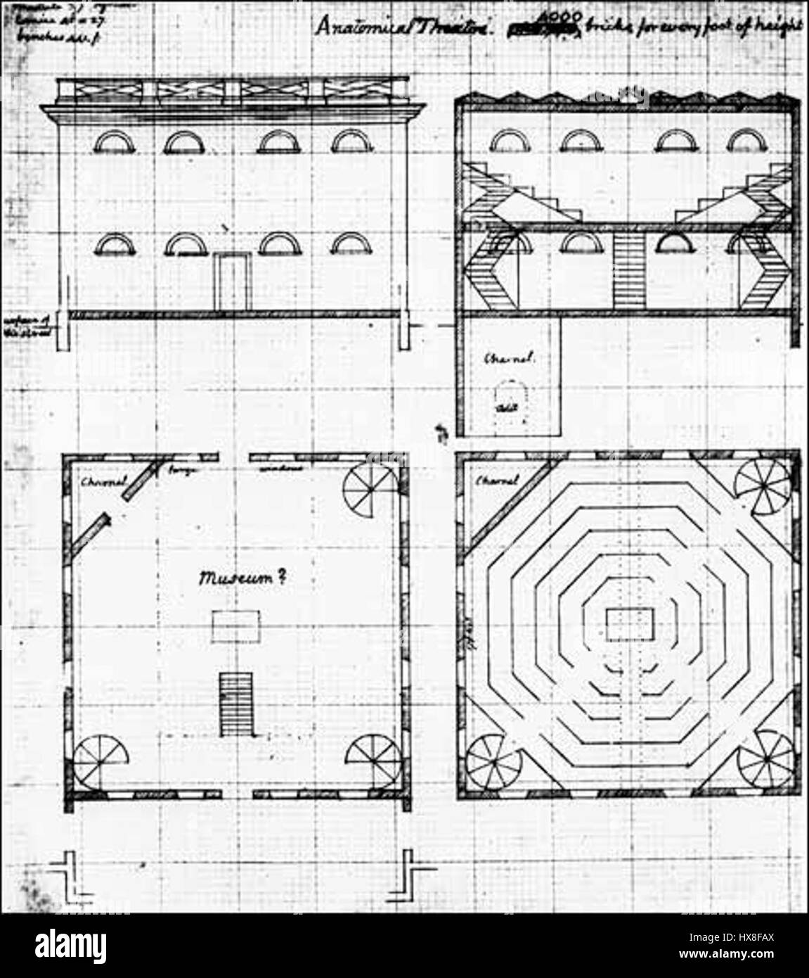 Eine detaillierte Skizze des Anatomischen Theaters an der University of Virginia, entworfen von Thomas Jefferson im Jahr 1825, zeigt neoklassische Architektur und dient als Pioniereinrichtung für medizinische Ausbildung. Stockfoto