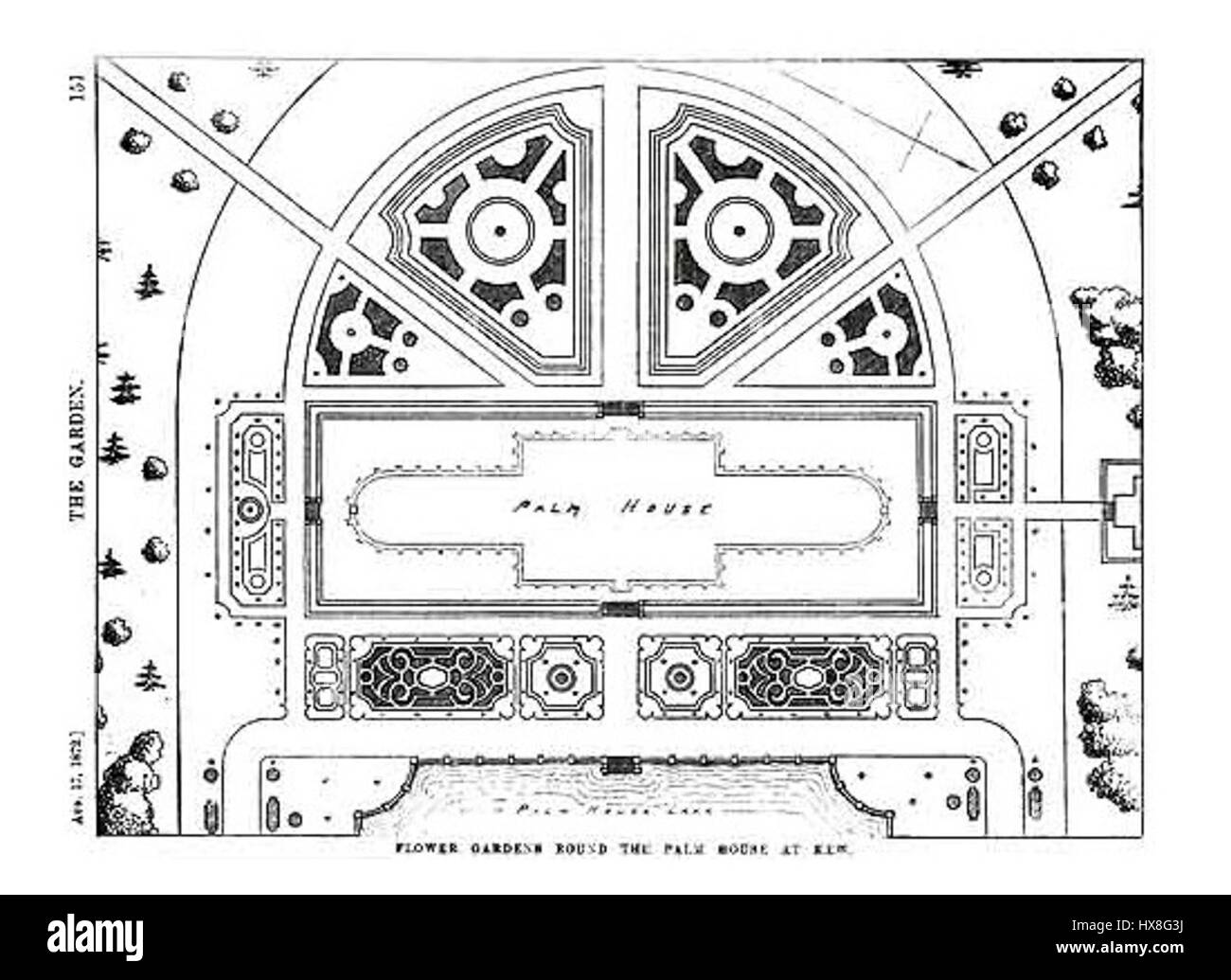 William Andrews Nesfields Entwurf für Kew Gardens wurde 1845 erstellt und zeigt seine Expertise in der Landschaftsarchitektur. Der Plan betont die Organisation und ästhetische Schönheit der Gärten mit sorgfältig angeordneten Pflanzen, Wegen und architektonischen Elementen, die den Ansatz der viktorianischen Ära zur Gartengestaltung hervorheben. Stockfoto