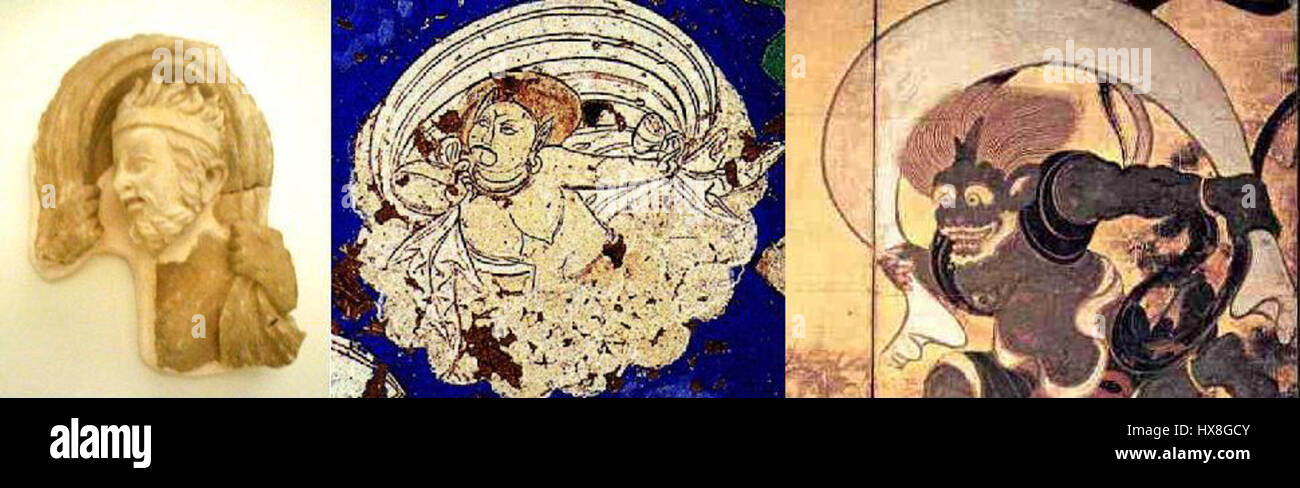 „Windgötter“ repräsentieren die Darstellung von Göttern, die mit Wind oder Natur in Verbindung stehen, die oft in ostasiatischer oder mythologischer Kunst zu sehen sind. Die Arbeit konzentriert sich auf dynamische Bewegung und die symbolische Darstellung des Windes im Kontext von Mythologie oder religiösen Überzeugungen. Stockfoto