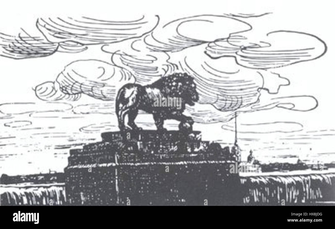 Ostroumova Lebedevas Illustration „Löwe im bronzenen Reiter“ zeigt eine dramatische Interpretation der ikonischen Statue von Peter dem Großen und symbolisiert Stärke und Führung. Die Illustration fängt die Majestät der Statue mit dynamischen und präzisen Details ein. Stockfoto