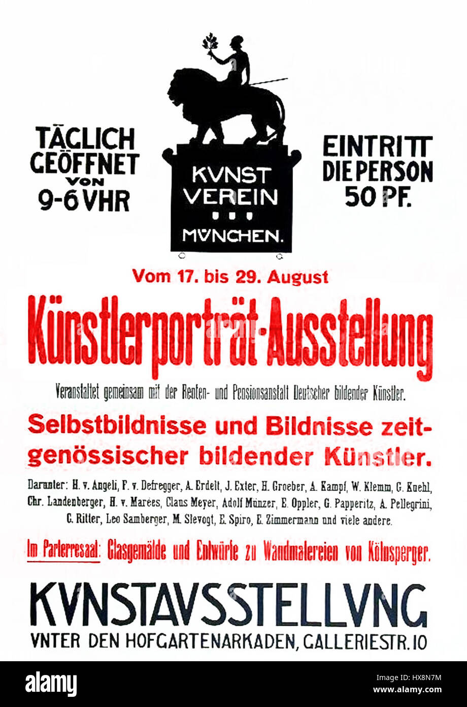 Das „Secession München Plakat“ bezieht sich auf ein Plakat der Münchner Secession, ein bedeutender Aspekt der Kunstszene des frühen 20. Jahrhunderts. Das Poster repräsentiert wahrscheinlich modernistische und avantgardistische Prinzipien, die für den Druck der Bewegung auf Unabhängigkeit von traditionellen Kunstinstitutionen von zentraler Bedeutung waren. Stockfoto
