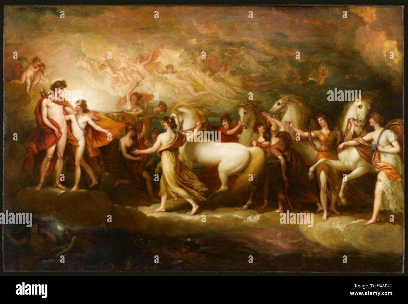 „Phaeton“ von Benjamin West zeigt die mythologische Geschichte von Phaeton, dem Sohn des Sonnengottes Helios, der versucht, den Wagen der Sonne zu fahren. Das Gemälde fängt den dramatischen Moment ein, in dem Phaeton die Kontrolle über den Wagen verliert. Stockfoto