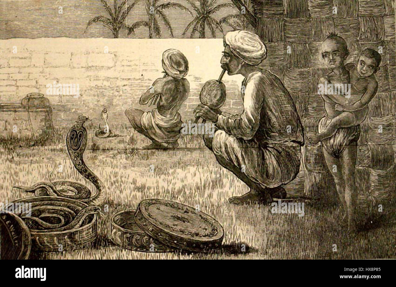 Der Serpentcharmer ist eine traditionelle Figur, die häufig in Kunst und Literatur dargestellt wird. Bekannt für seine Fähigkeit, Schlangen zu verzaubern, wird der Charakter oft mit Mystik, östlichen Kulturen und exotischen assoziiert. Diese Figur erschien in verschiedenen Werken im Laufe der Geschichte und repräsentierte Themen wie Gefahr, Kontrolle und Faszination für das Unbekannte. Stockfoto