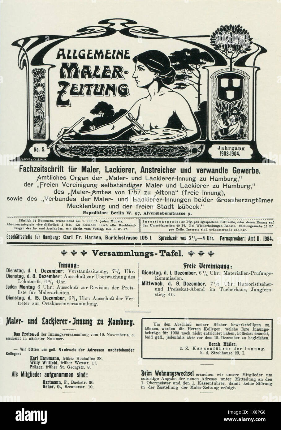 Malerzeitung, 1903 erschienen, ist eine deutsche Kunstzeitschrift, die zeitgenössische künstlerische Bewegungen der Zeit dokumentiert. Es diente Anfang des 20. Jahrhunderts als wichtige Zeitschrift für die Auseinandersetzung mit Malerei, Skulptur und anderen bildenden Künsten in Deutschland und zeigte die neuesten Trends in Kunsttheorie und -Praxis. Stockfoto