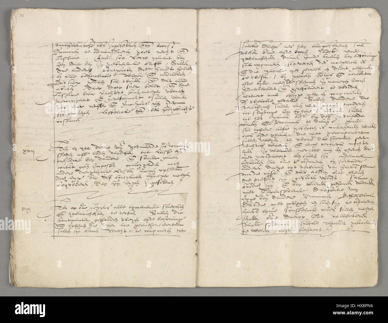 Dieses historische Dokument „Unie van Utrecht“ aus dem Nationalarchiv der Niederlande (NL HANA) stammt aus dem späten 16. Jahrhundert. Er stellt den Vertrag über die Union dar, der 1579 die nördlichen Provinzen der Niederlande vereinte und damit einen bedeutenden Schritt im Kampf der Niederlande um die Unabhängigkeit von Spanien darstellt. Stockfoto
