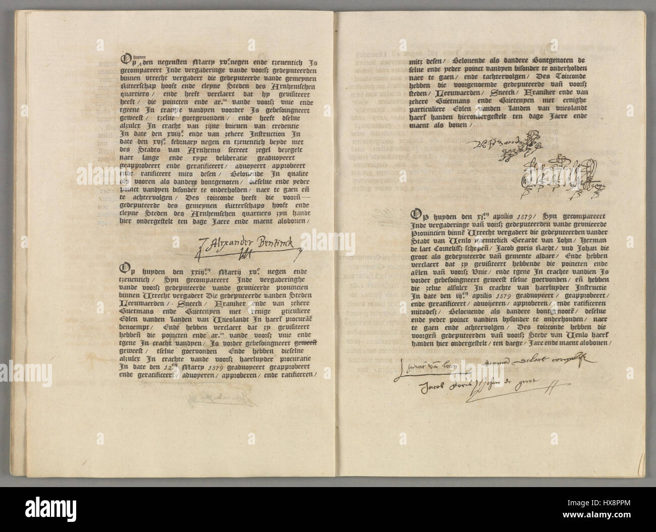 Das Dokument „Unie van Utrecht“ (Union von Utrecht) stellt ein bedeutendes historisches Ereignis im Jahr 1579 dar, das die Allianz der nördlichen Provinzen in den Niederlanden markiert und zur Gründung der niederländischen Republik geführt hat. Stockfoto