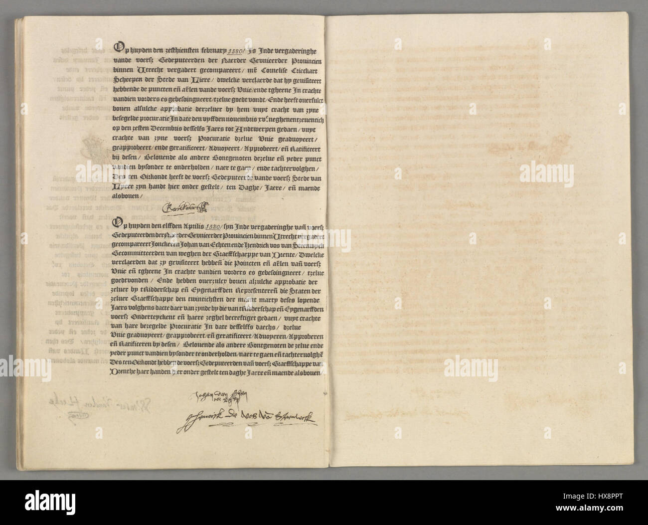 „Unie van Utrecht“ bezieht sich auf die Union von Utrecht, eine bedeutende politische Vereinbarung aus dem Jahr 1579, die die nördlichen Provinzen der Niederlande gegen die spanische Herrschaft vereinte. Stockfoto