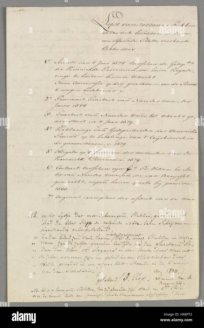 Die "Unie van Utrecht" ist ein bedeutendes historisches Dokument, das die vereinigung der nördlichen Provinzen der Niederlande im Jahre 1579 kennzeichnet, ein wichtiger Moment bei der Gründung der niederländischen Republik. Diese Allianz war im Kampf um die Unabhängigkeit von der spanischen Herrschaft während des Achtzigjährigen Krieges von zentraler Bedeutung. Stockfoto