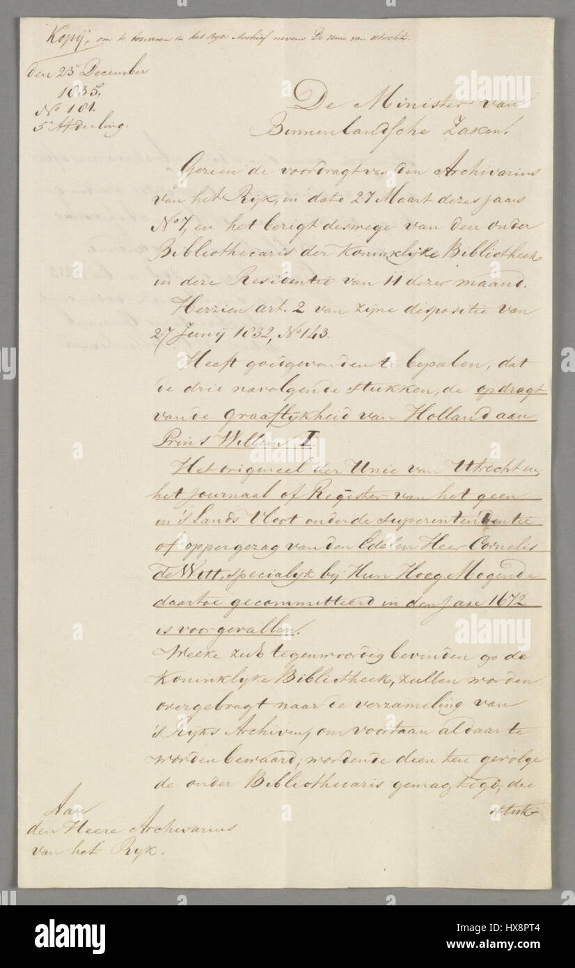 Das Dokument "Unie van Utrecht" stellt einen entscheidenden Moment in der niederländischen Geschichte dar und markiert die Unterzeichnung der Union von Utrecht im Jahr 1579. Dieser vertrag vereinte die nördlichen Provinzen der Niederlande gegen die spanische Herrschaft und festigte die Grundlagen der niederländischen Unabhängigkeit. Stockfoto