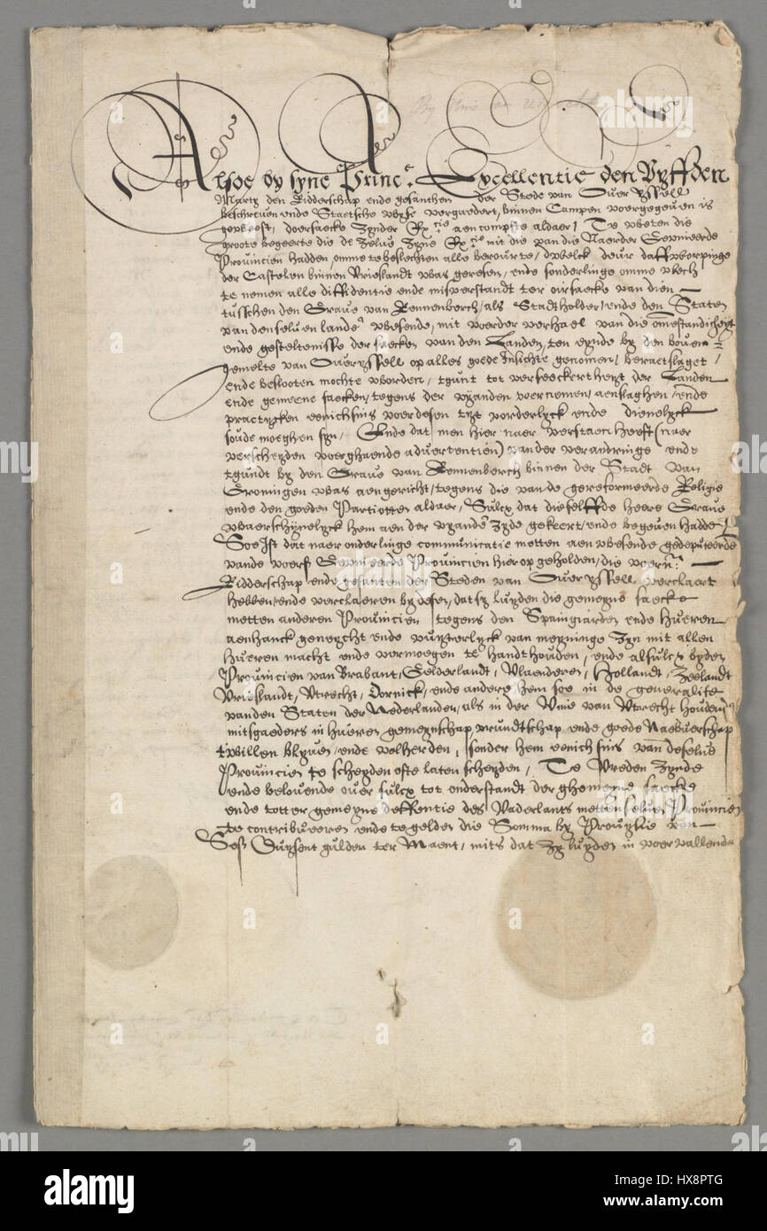 "NL HANA 1.01.19 2623 089 Unie van Utrecht" ist ein 1579 unterzeichnetes historisches Dokument über die Union von Utrecht. Dieses Dokument stellt eine wichtige Vereinbarung in der niederländischen Geschichte dar und markiert den Beginn der niederländischen Unabhängigkeitsbewegung während des Achtzigjährigen Krieges. Stockfoto