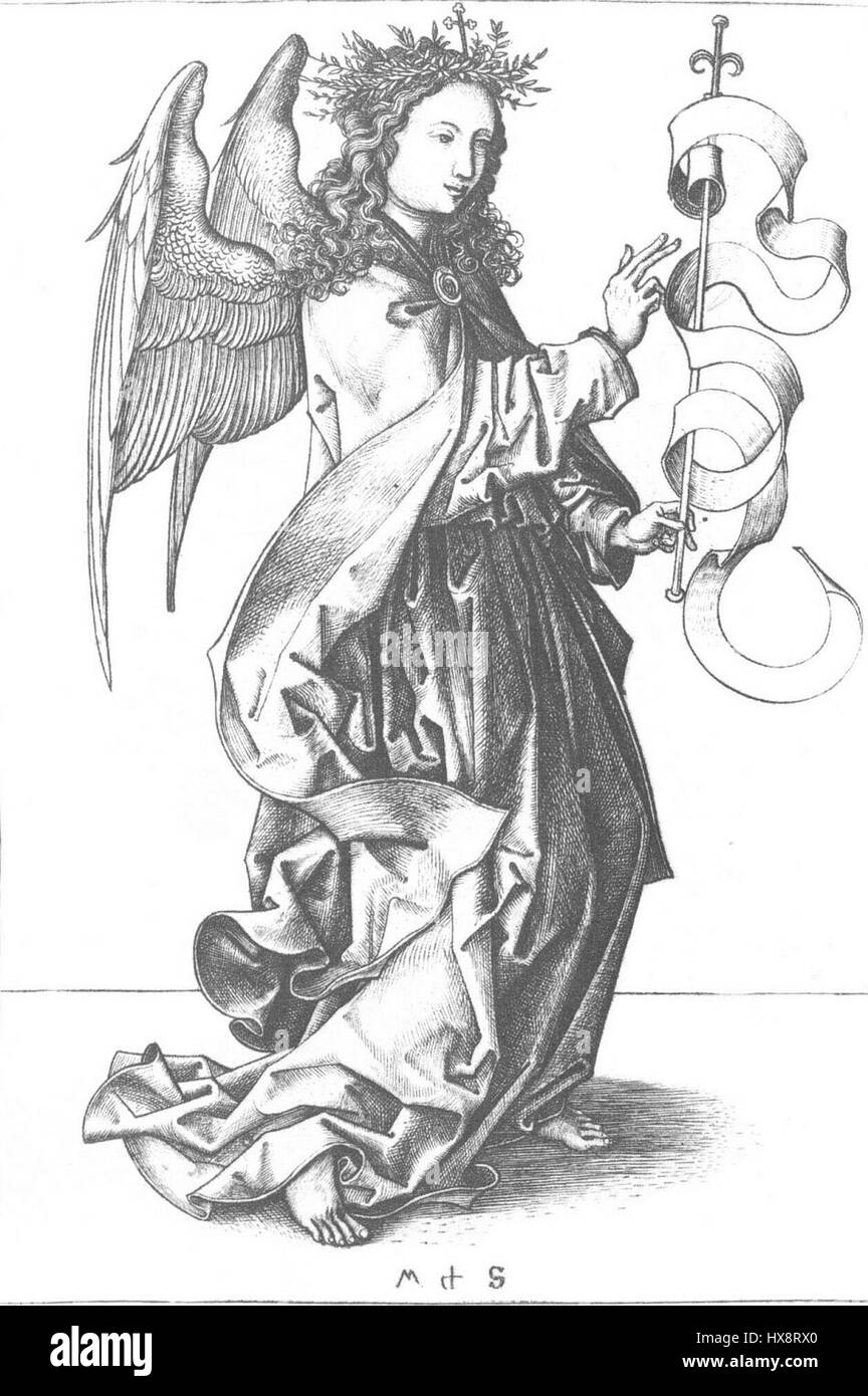 Martin Schongauers „Engel der Verkündigung“ (L 2) ist ein meisterhaftes Beispiel spätgotischer Stiche, die das Aussehen des Engels vor der Jungfrau Maria darstellen. Dieses Kunstwerk zeichnet sich durch seine feinen Details und die komplizierte Verwendung von Linienarbeiten aus, die für Schongauers Stil charakteristisch sind. Stockfoto