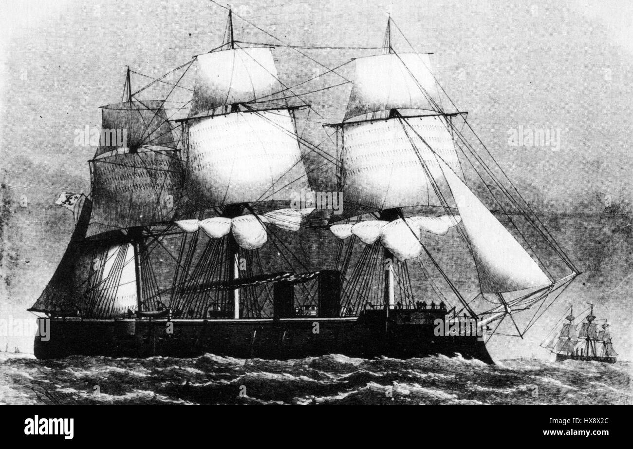 Die NDB Panzerfregatte Königs Wilhelm, erbaut 1868, war eine bedeutende Panzerfregatte in der deutschen Reichsflotte. Das Schiff war ein Schlüsselelement der Seekriegsführung während seiner Zeit und zeigte die Fortschritte in der maritimen Militärtechnologie. Stockfoto