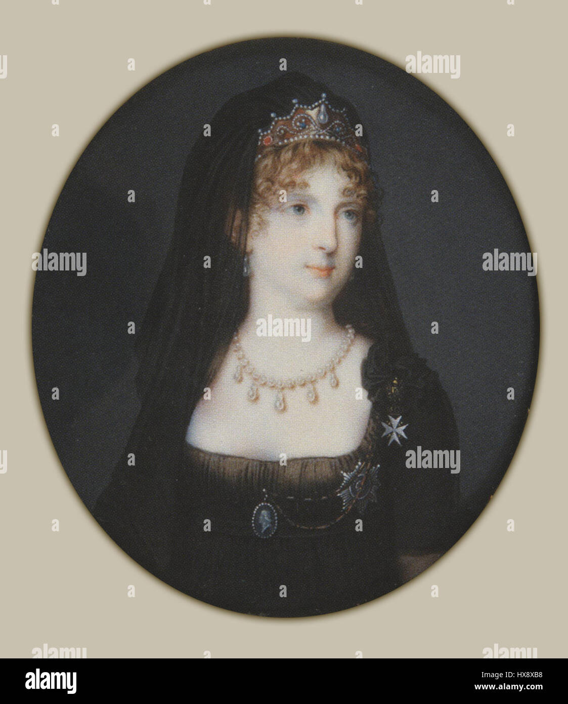 Dieses Miniaturporträt von Maria Feodorowna aus dem 19. Jahrhundert, das von einem anonymen Künstler stammt, fängt die russische Kaiserin detailliert ein und spiegelt den Stil der Zeit wider. Stockfoto