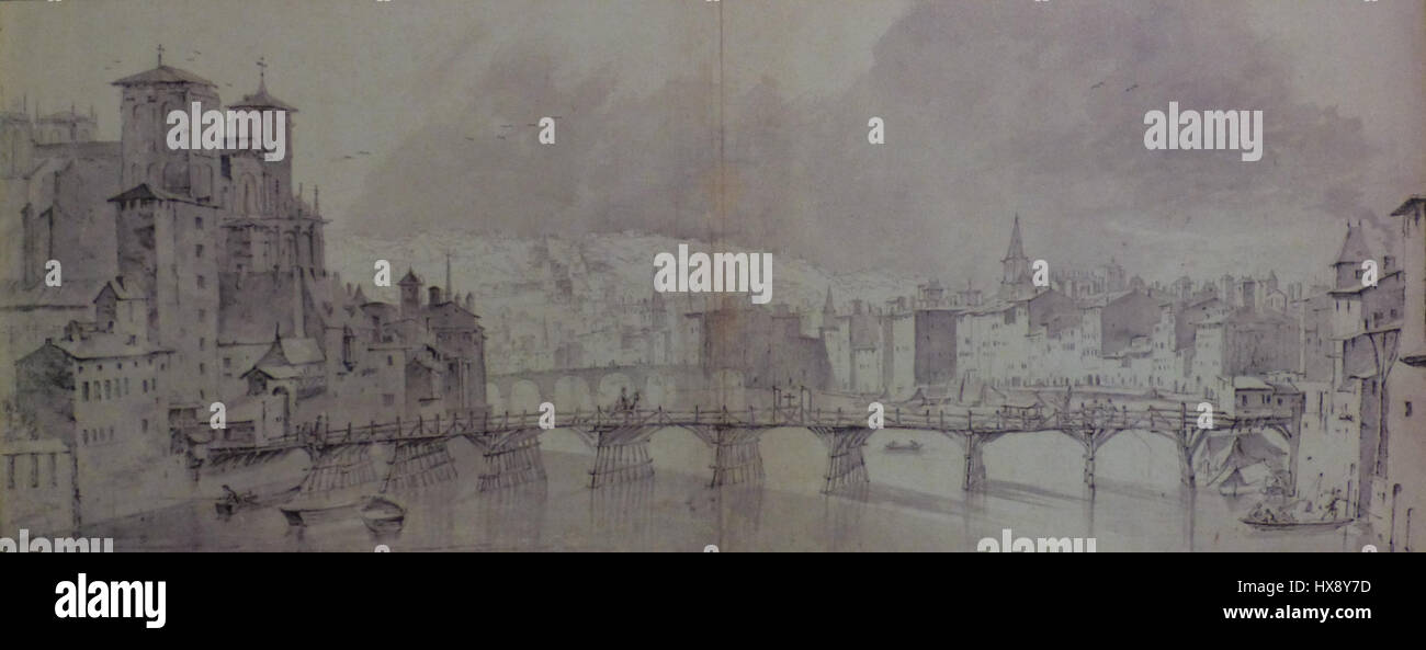 Diese Tusche- und Waschzeichnung von L. Lingelbach aus dem Jahr 1644 mit dem Titel „Panorama sur la Saône au Niveau de Saint Jean“ bietet einen atemberaubenden Blick auf den Fluss Saône bei Saint Jean. Das Werk fängt die natürliche Schönheit der Landschaft ein, mit zarten Linien- und Schattierungen, die die europäische Landschaftskunst des 17. Jahrhunderts widerspiegeln. Stockfoto