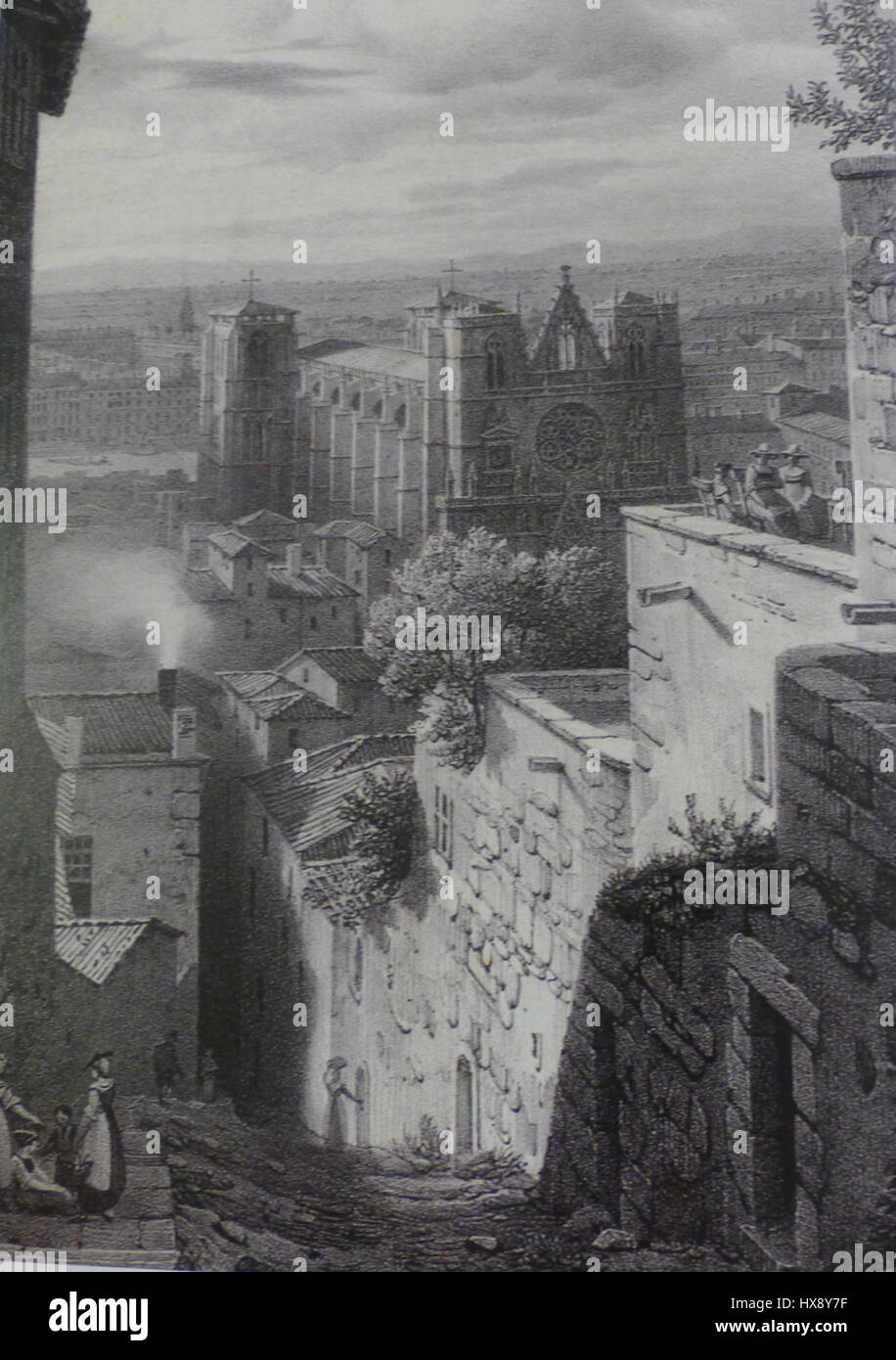 Montée de Tire cUL von Nicolas Chapuy Gadagne ist ein historisches Kunstwerk, das eine Straßenszene in Lyon darstellt und das tägliche Leben während der Renaissance in Frankreich einfängt. Stockfoto