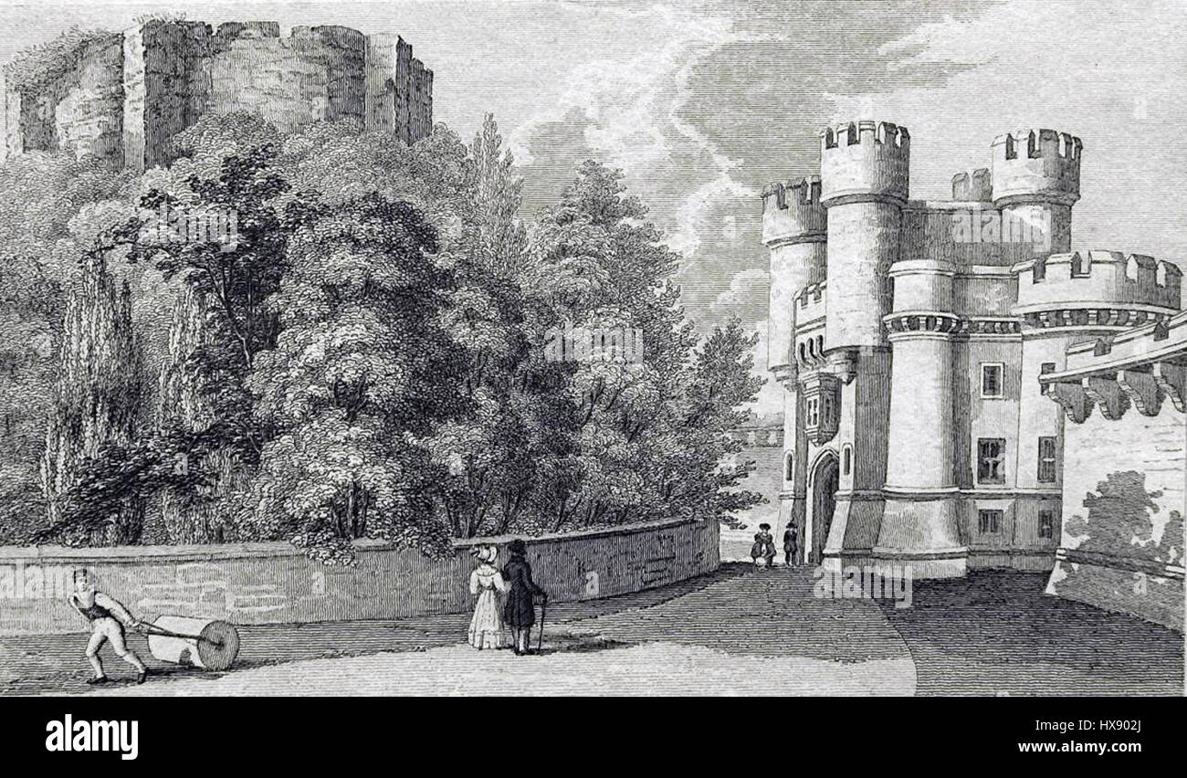Diese 1830 abgebildete Darstellung von York Castle veranschaulicht das Gebäude, wie es während des frühen 19. Jahrhunderts stand, und zeigt seine mittelalterliche Architektur und historische Bedeutung als königliche Festung in York, England. Stockfoto