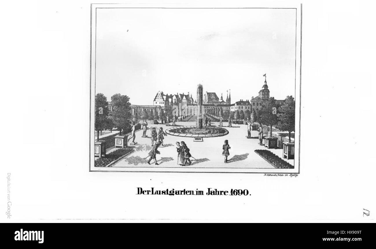 Der „Lustgarten“ in Berlin, wie 1690 dargestellt, zeigt die formale Gartengestaltung, die in den damaligen europäischen Königsgütern üblich war. Der Garten, bekannt für seine Symmetrie und geometrische Anordnung, war ein beliebter Erholungsort für die Öffentlichkeit und die Könige gleichermaßen. Stockfoto