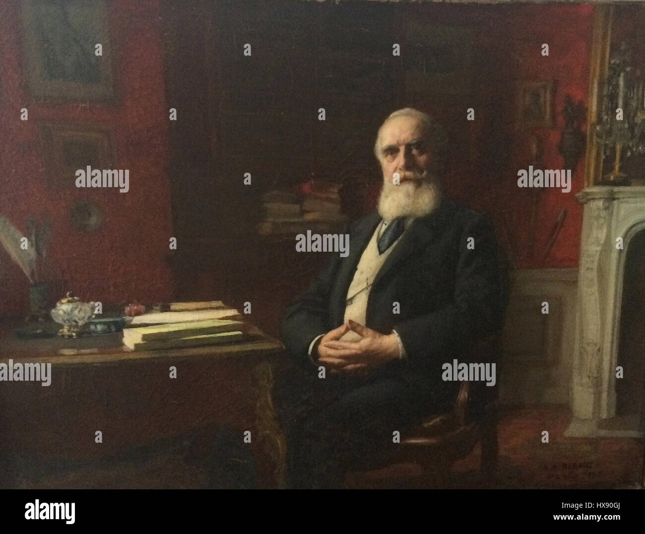 Dieses Porträt aus dem Jahr 1897 zeigt die Figur in einem formalen Stil, der typisch für das späte 19. Jahrhundert ist. Die Merkmale des Motivs werden sorgfältig gerendert und zeigen die Details und Präzision des Porträts während dieser Zeit. Stockfoto