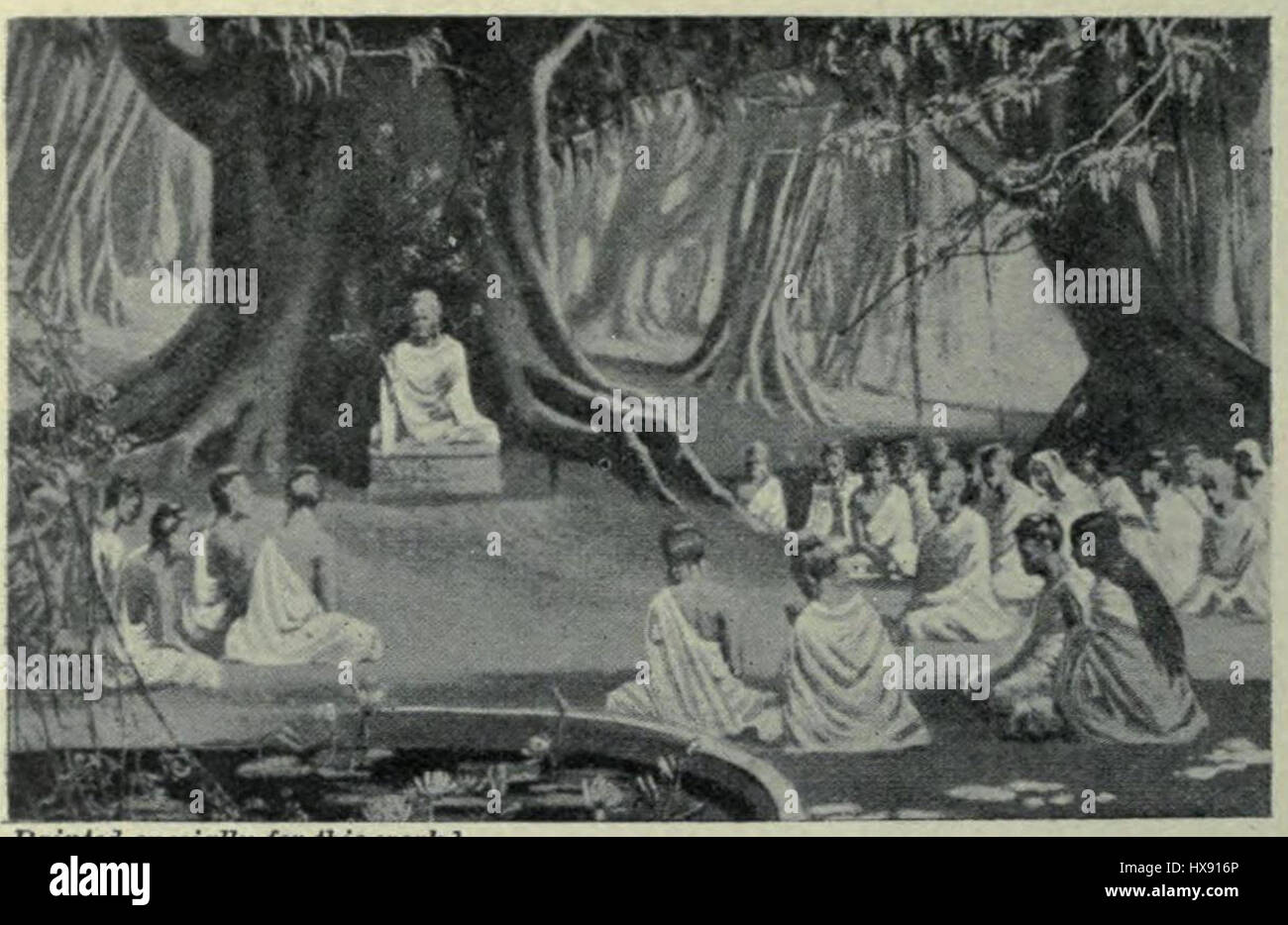 „Die letzten Tage der Buddha-Lehren“ stellt die letzten Momente der Buddha-Lehren vor seinem Tod dar und betont Themen wie Weisheit, Mitgefühl und Erleuchtung. Das Kunstwerk hebt Buddhas ruhiges Verhalten hervor, während sich die Anhänger versammeln, um seine letzten Worte zu empfangen und Einblick in die buddhistische Philosophie und das Erbe der Lehren Buddhas zu bieten. Stockfoto