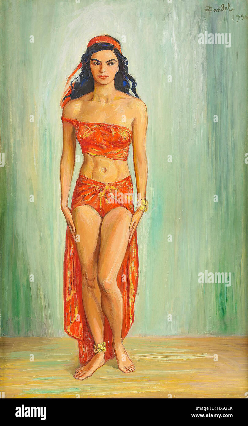 „Cissi Olsson Som Anitra i Peer Gynt“ von Nils Dardel stellt Cissi Olsson als Anitra dar, eine Figur aus Henrik Ibsens Stück „Peer Gynt“. Das Porträt unterstreicht Anitras Schönheit und geheimnisvollen Reiz. Stockfoto