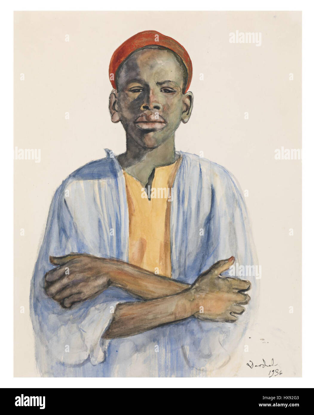 Nils Dardels „I solnedgången“ (in the Sunset) ist eine lebendige Darstellung einer Landschaft bei Sonnenuntergang, die in kräftigen, ausdrucksstarken Farben gemalt ist. Dardels Verwendung dramatischer Farbtöne und starker Pinselstriche spiegelt seine einzigartige Herangehensweise an den Postimpressionismus wider. Stockfoto