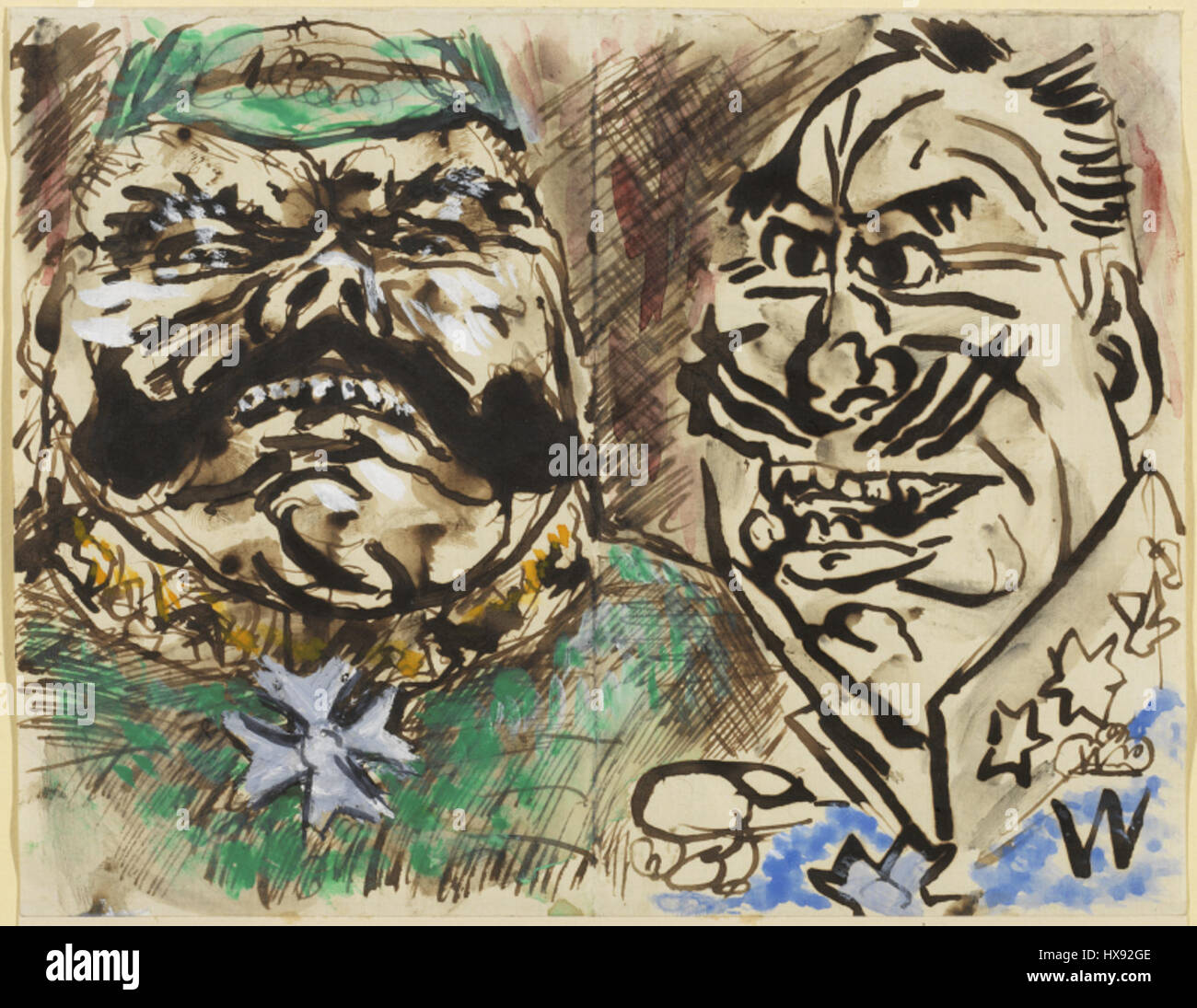 Das Gemälde des schwedischen Künstlers Nils Dardel zeigt Hindenburg und Wilhelm II., zwei prominente Persönlichkeiten der europäischen Geschichte des frühen 20. Jahrhunderts. Die Arbeit fängt wahrscheinlich beide Individuen in einem Moment von historischer Bedeutung ein und spiegelt ihre Rolle in den politischen und militärischen Ereignissen ihrer Zeit wider, insbesondere in Bezug auf den Ersten Weltkrieg Stockfoto