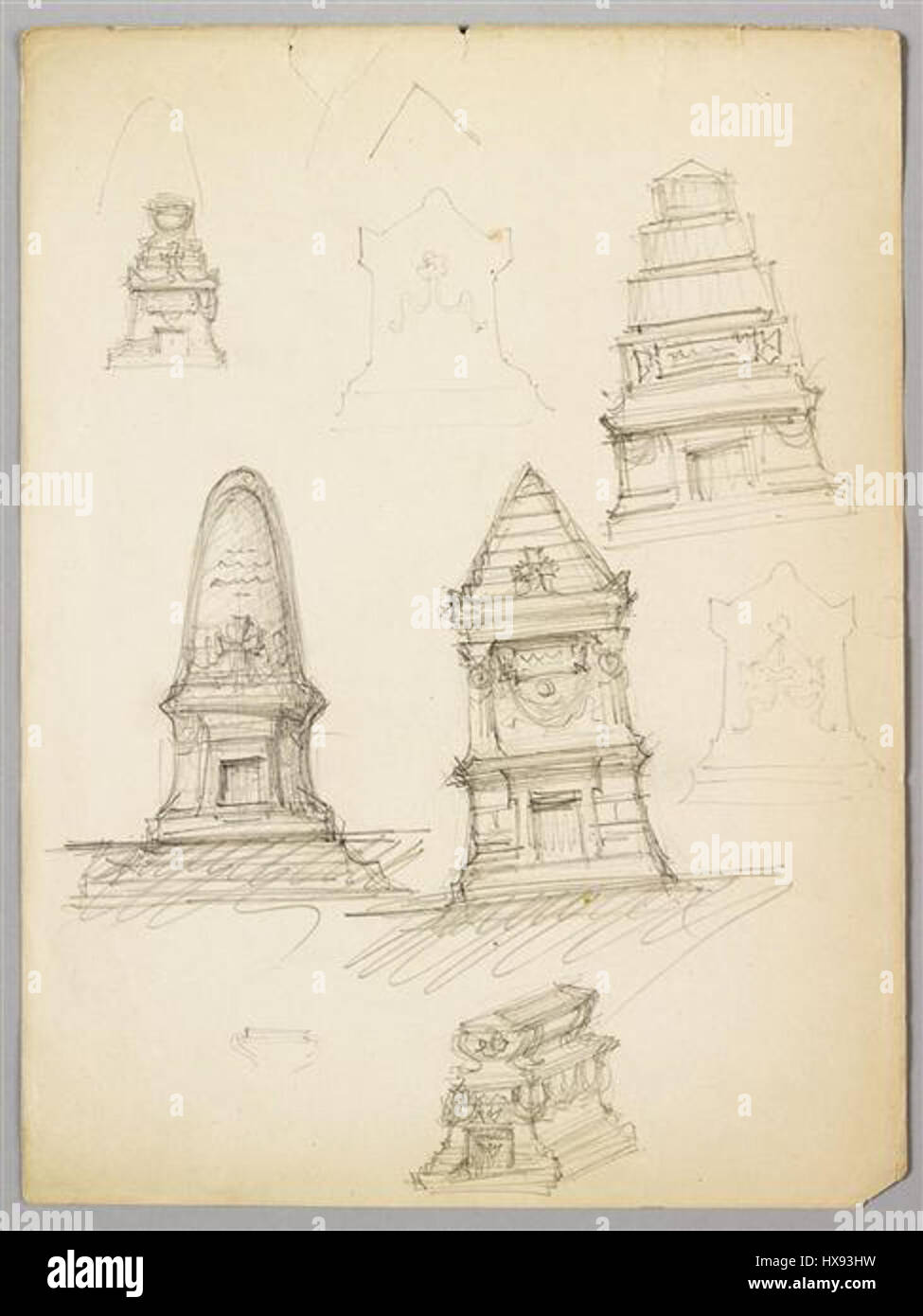 Der „Projet pour la sépulture de Delacroix“ war ein Entwurf für die Beerdigung des berühmten französischen Malers Eugène Delacroix. Dieses Projekt unterstreicht die Mischung aus künstlerischen und architektonischen Elementen für eine prominente Figur der französischen Romantik. Stockfoto