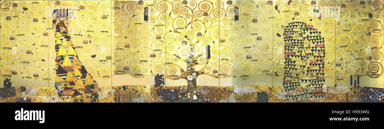 Die „Stoclet Frieze links“ bezieht sich auf den linken Teil eines dekorativen Fries, der von Gustav Klimt für den Stoclet-Palast in Brüssel geschaffen wurde. Der Fries zeigt Klimts unverkennbaren Stil mit ornamentalem Design und symbolischen Bildern. Stockfoto