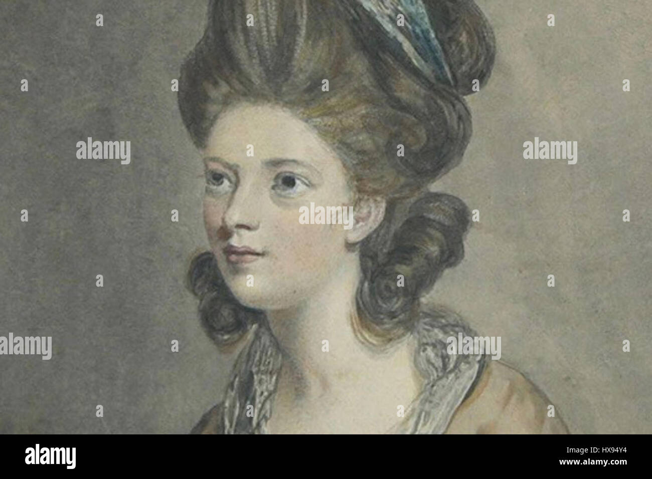 Ein Porträt der Gräfin von Derby, gemalt von Northcote Hamilton. Das Stück reflektiert die Porträtmalerei des 19. Jahrhunderts und zeigt aristokratische Kleidung und eine elegante Pose, die typisch für den Fokus der Zeit auf Status und Adel ist. Stockfoto