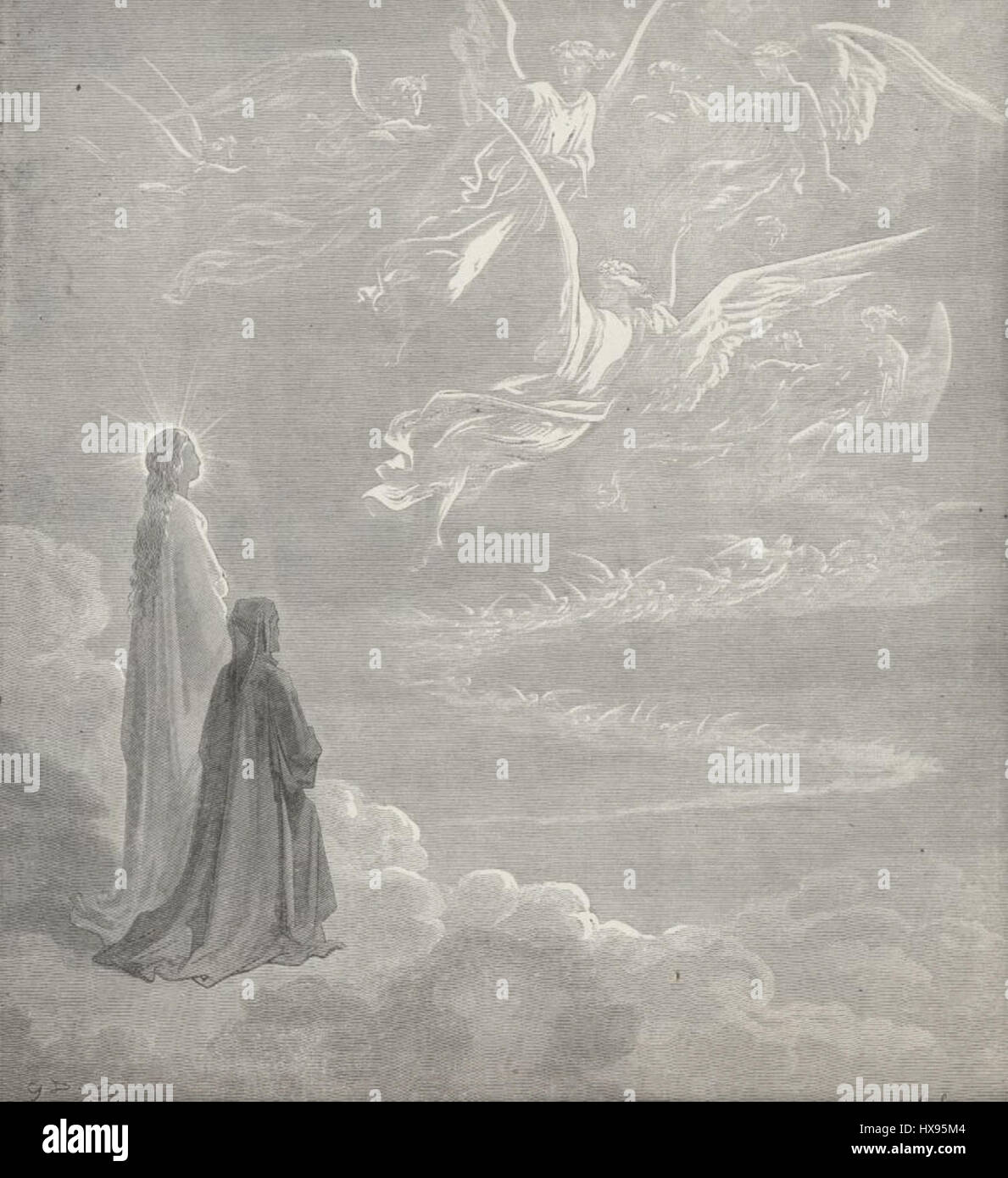 Gustave Dorés Illustration für „Paradiso“, Teil von Dante Alighieris Göttlicher Komödie, zeigt eine Szene aus dem himmlischen Paradies. Dorés komplizierte Details und dramatische Komposition interpretieren Dantes spirituelle Reise visuell. Stockfoto