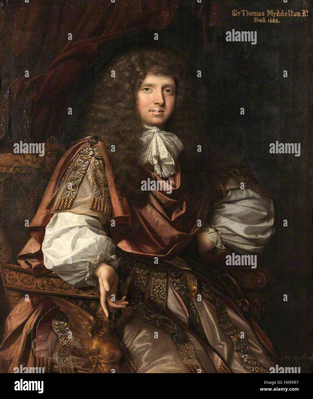 Das Porträt von Sir Thomas Myddelton, einer bemerkenswerten Persönlichkeit aus Wales des 17. Jahrhunderts, repräsentiert seinen Status als prominenter Geschäftsmann und Mitglied des britischen Parlaments und fängt sein herausragendes Erscheinungsbild im klassischen Porträtstil ein. Stockfoto