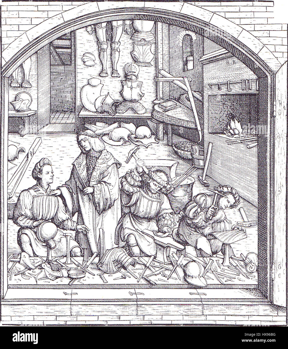Dieses Kunstwerk, das *Maximilian at Armour Smiths* darstellt, stellt den Kaiser Maximilian I. dar und unterstreicht seine königliche Präsenz, während er die Herstellung der Rüstung überwacht. Das Stück betont sowohl die handwerkliche Verarbeitung der Rüstung als auch die Bedeutung Maximilians in der Renaissance. Stockfoto