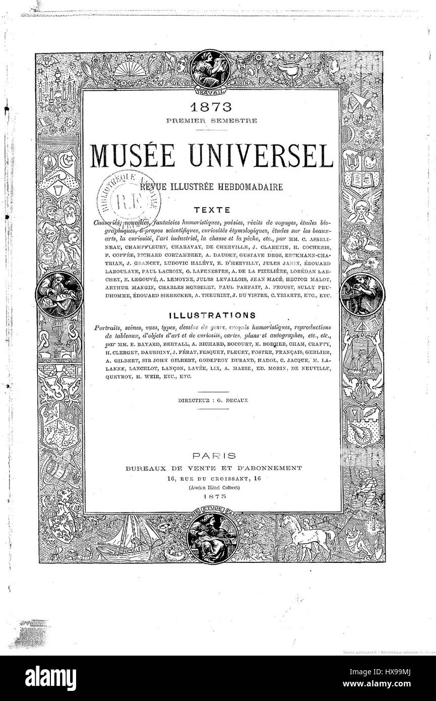 „Musée universel Première page, premier numéro“ bezieht sich auf die erste Ausgabe des Musée universel, einer Publikation, die in ihrer Zeit eine Rolle bei der Entwicklung von Kunst und Kultur spielte. Das Werk beleuchtet die künstlerischen und intellektuellen Trends des 19. Jahrhunderts. Stockfoto