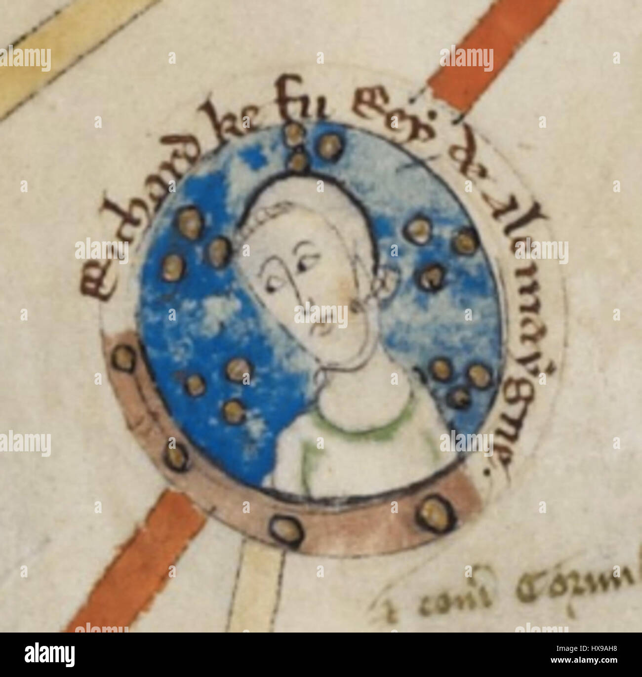 Richard von Cornwall war ein englischer Prinz, der als König der Römer gewählt wurde, aber nie zum Kaiser gekrönt wurde. Sein Einfluss erstreckte sich auf die europäische Politik, insbesondere im 13. Jahrhundert, als er sich in Machtkämpfen im Heiligen Römischen Reich engagierte. Stockfoto