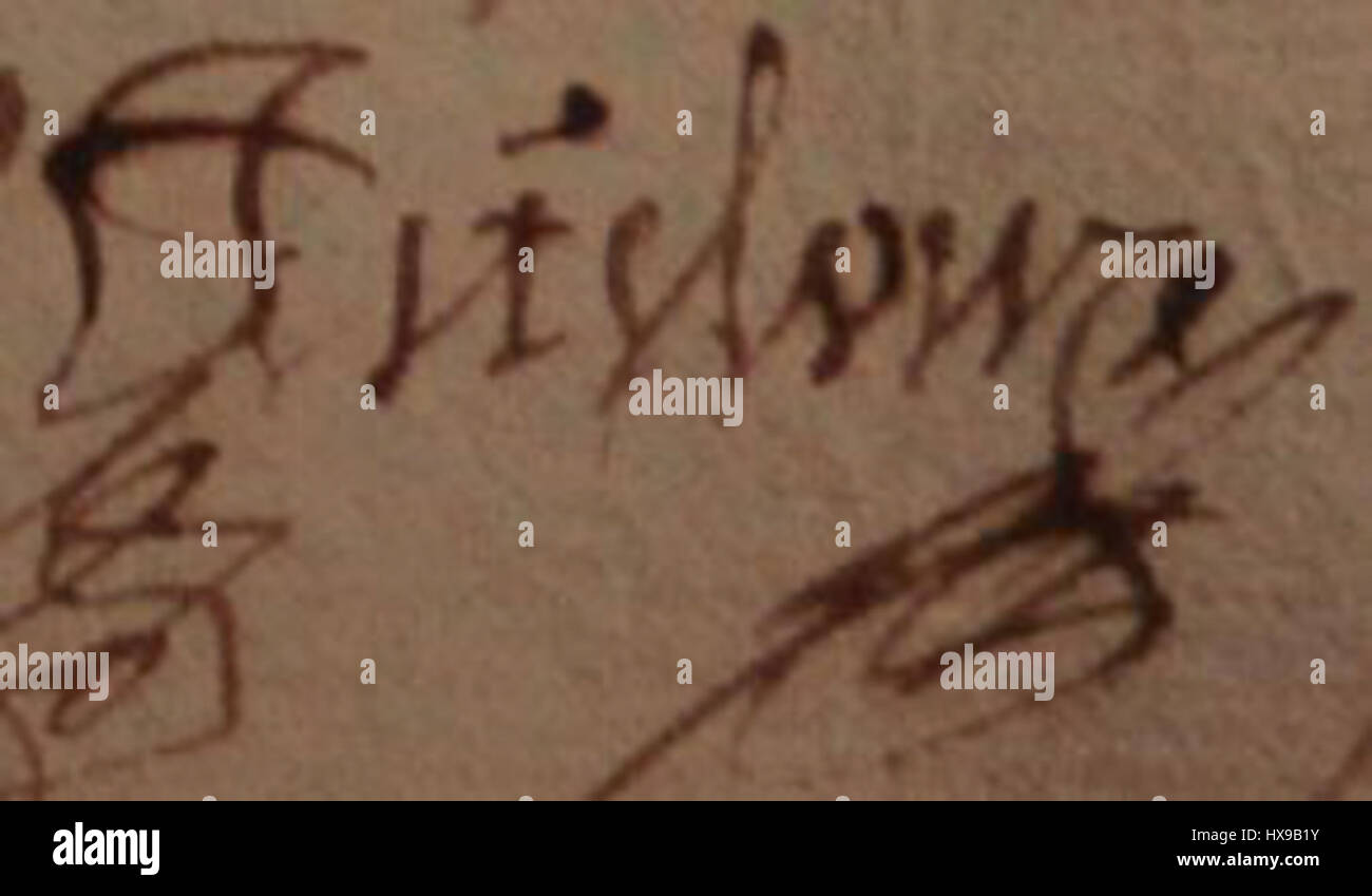 Die Signatur von Titelouze aus dem Jahr 1623 spiegelt die künstlerische Handwerkskunst der Epoche wider. Das Werk ist mit einem Komponisten und Organisten aus dem französischen Barock assoziiert und veranschaulicht den detaillierten Stil der französischen Kunst und Musik im frühen 17. Jahrhundert. Seine Kompositionen beeinflussten die Entwicklung der französischen Kirchenmusik. Stockfoto