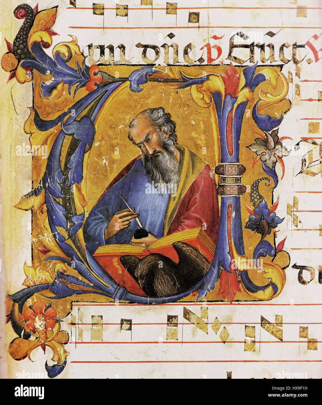 Lorenzo Monaco, Johannes der Evangelist, Capolettera V, 1391 1392 Antifonario C, Corale C 71 f. 105r, Museo del Bargello, Firenze Stockfoto Lorenzo Monaco, Johannes der Evangelist, Capolettera V, 1391 1392 Antifonario C, Corale C 71 f. 105r, Museo del Bargello, Firenze Stockfoto