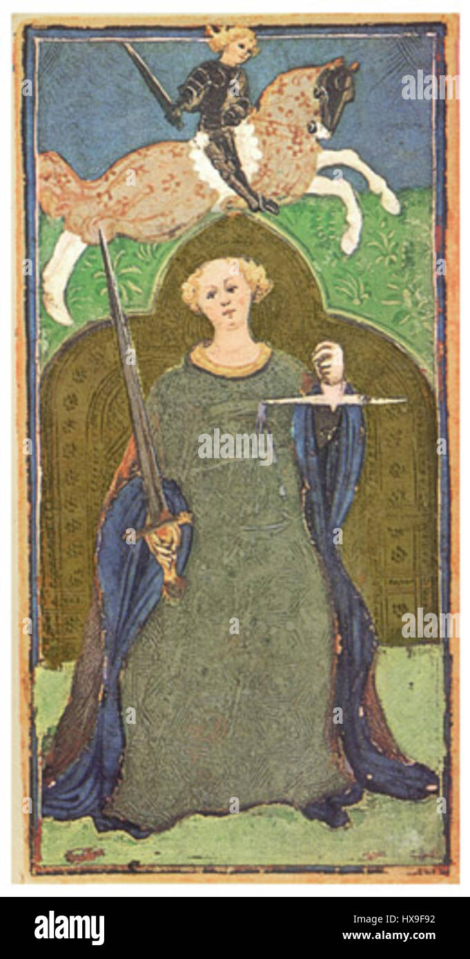 Das Visconti-Sforza-Tarotdeck, ein Kartensatz aus dem 15. Jahrhundert, zeigt die Gerechtigkeitskarte, geschaffen von einem unbekannten Künstler, wahrscheinlich zwischen den 1440er und 1470er Jahren. Stockfoto