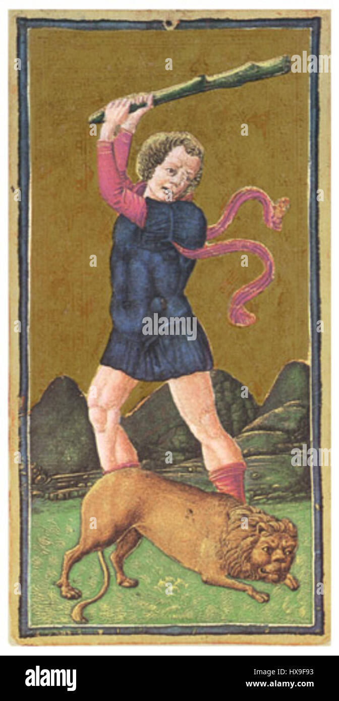 Das Visconti-Sforza-Tarockdeck, geschaffen von Bonifacio Bembo, einem italienischen Künstler, in der Mitte des 15. Jahrhunderts, insbesondere zwischen den 1440er und 1470er Jahren. Stockfoto