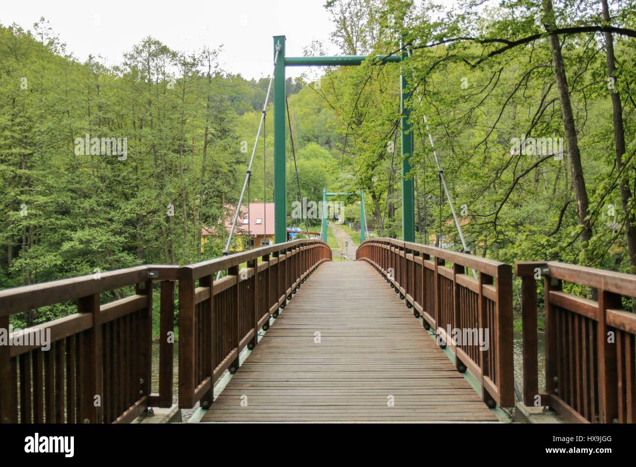 Grün und hölzerne Brücke - Fußweg über einen Fluss Stockfoto